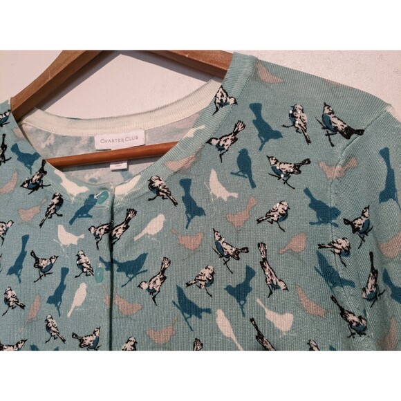Vintage Y2K Charter Club Blue Cardigan Sweater Bird Pattern w/ Rhinestones S - Picture 4 of 5